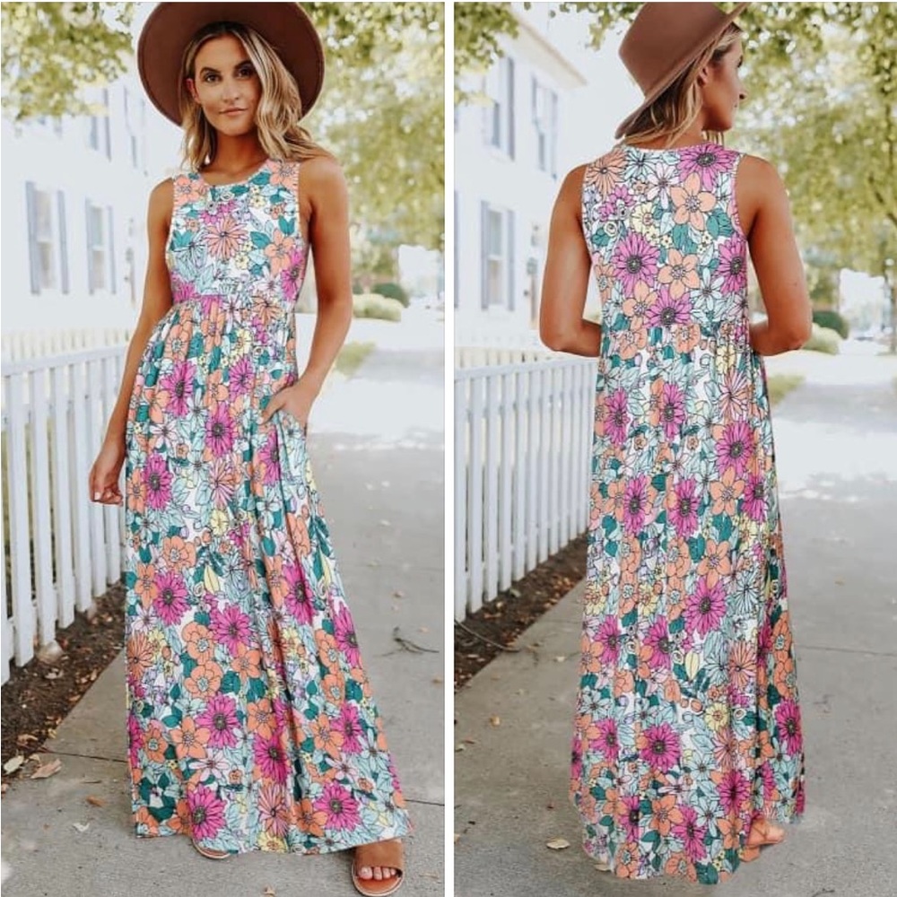 NEW• Zen Bohemian Coachella Hippie Floral Maxi Dress With Pockets• XL